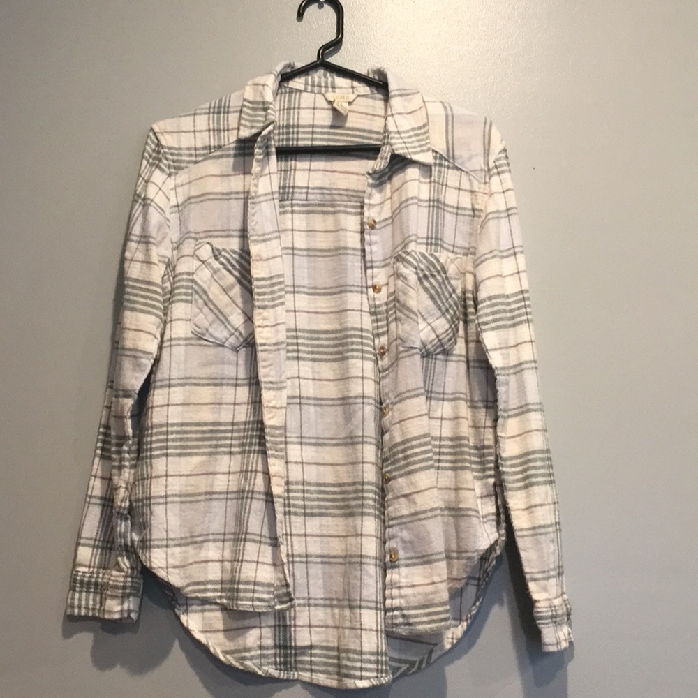 Forever 21 White/Green/Gold Button Up Flannel